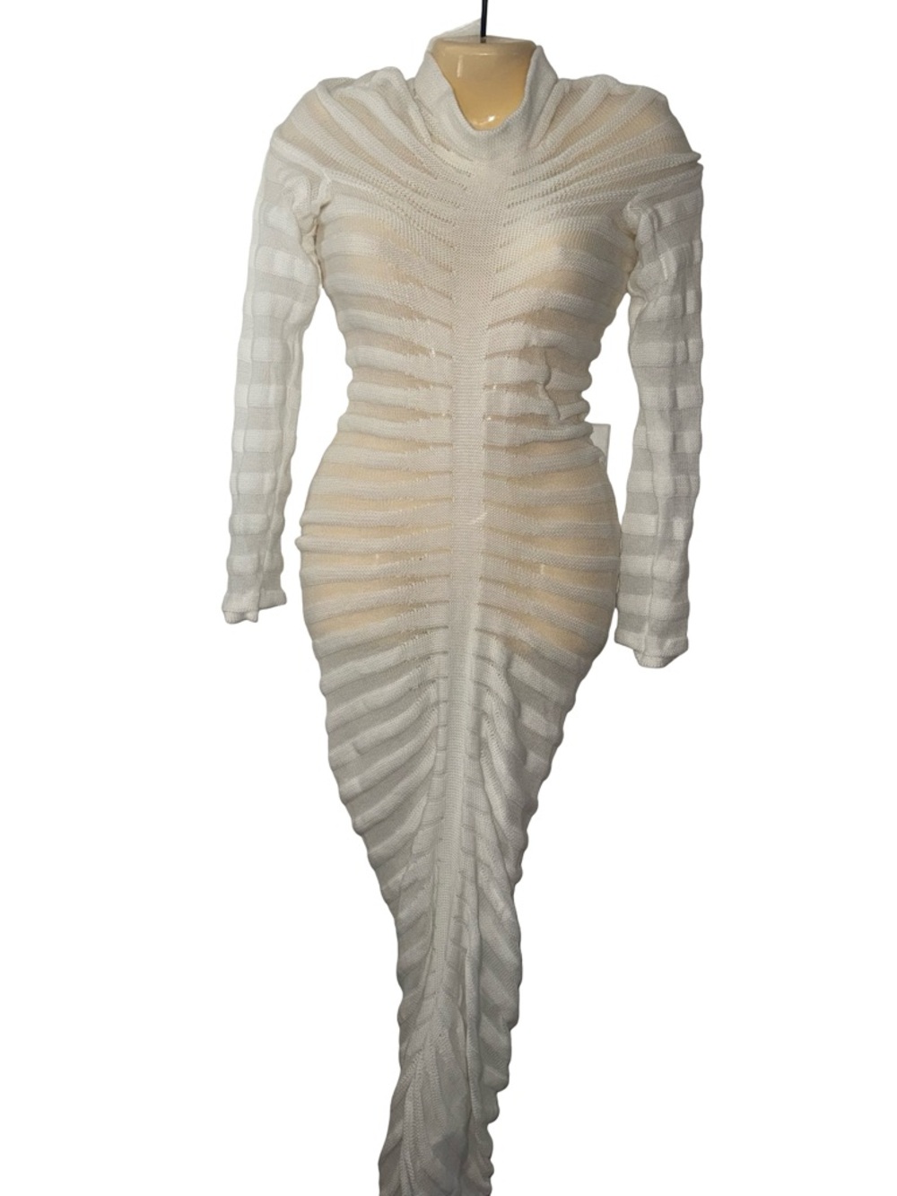 Elegant White Long-Sleeve Ribbed Sheath Dress / cover up